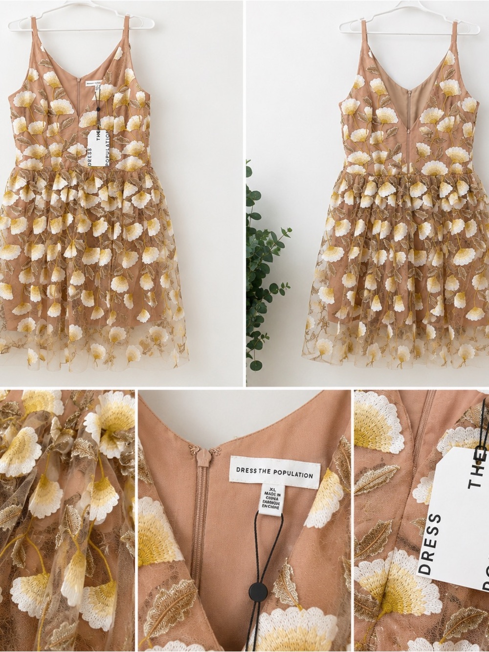 Dress The Population Women Tan Floral Embroidered Party Dress